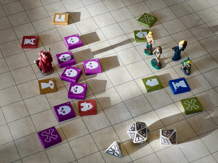 A TTRGP hex map with a battle of two side including many figures and QuoDrox tiles. 