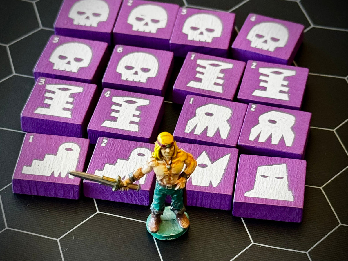 Byzantine Purple QuoDrox tiles showing the front designs on a black hex map.  A miniature figure stands in the front. 