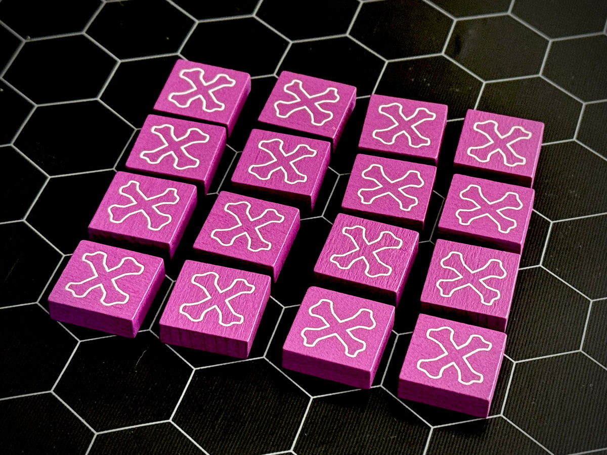 Byzantine Purple QuoDrox tiles showing the front designs on a black hex map. 