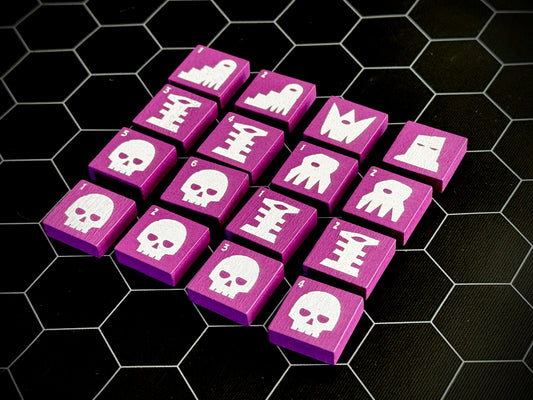 Byzantine Purple QuoDrox tiles showing the front designs on a black hex map. 