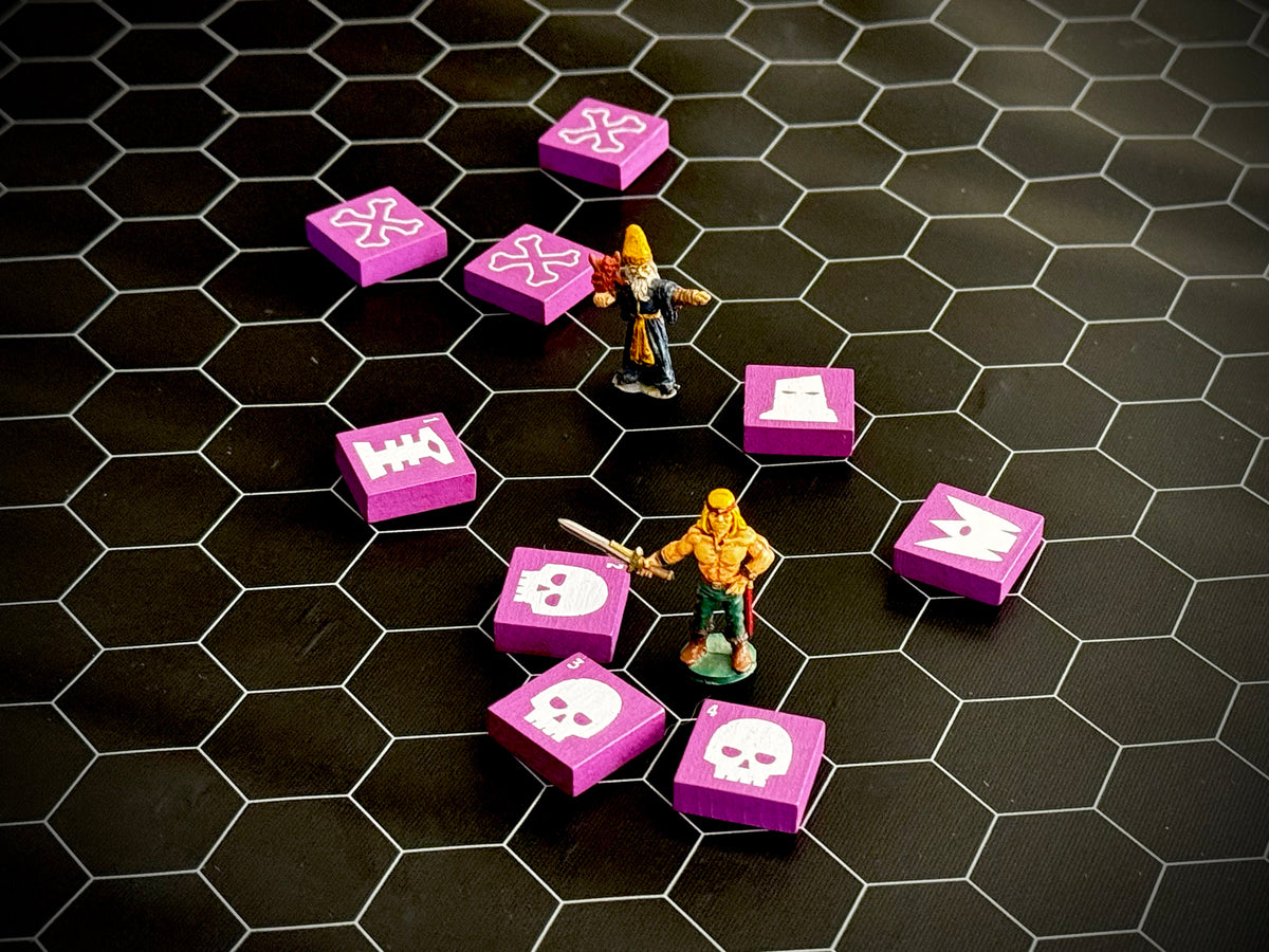Hex mat with two miniature figures surrounded by Byzantine Purple QuoDrox tiles. 